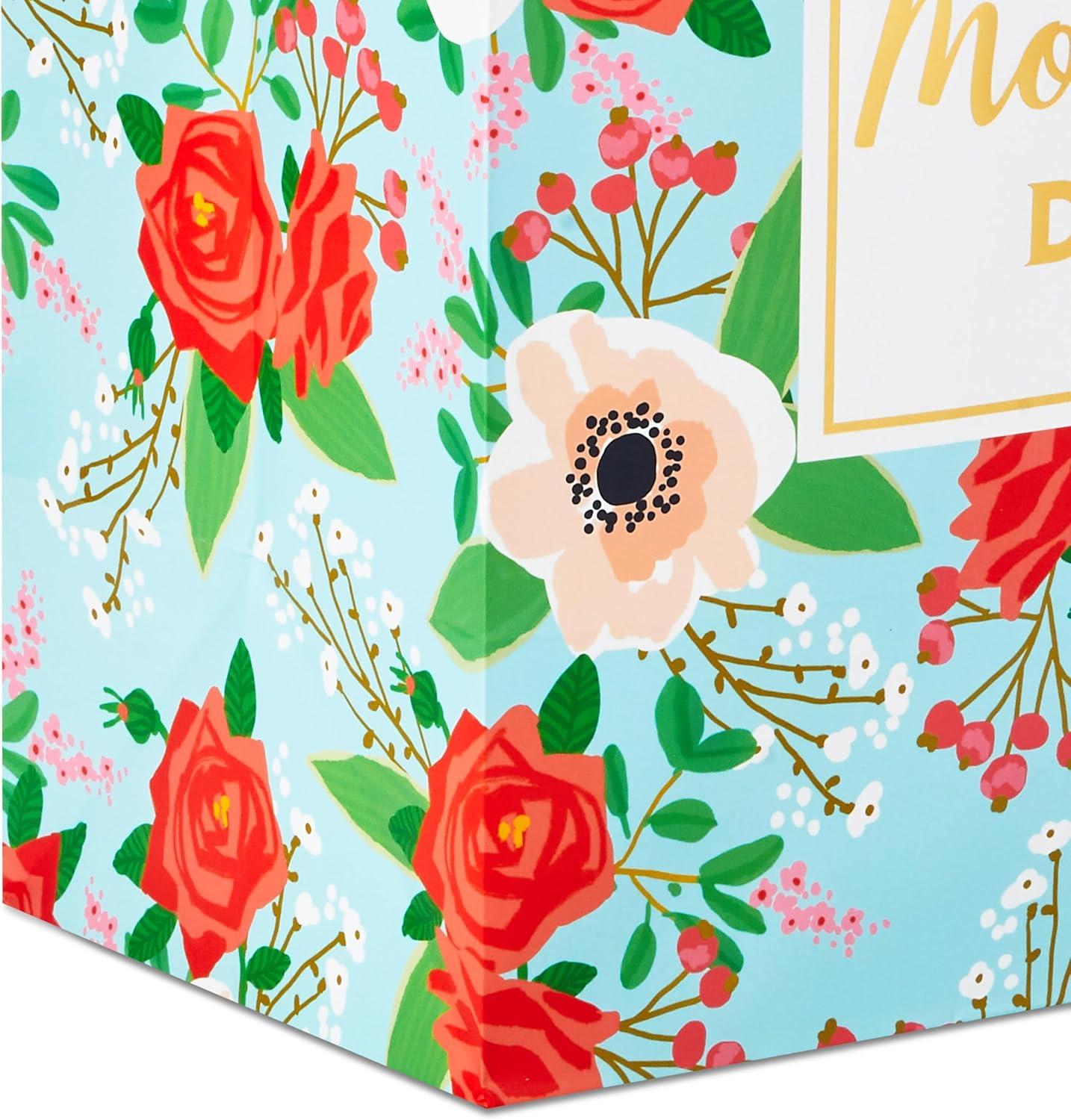 imageHallmark 17quot Extra Large Mothers Day Gift Bag with Tissue Paper Red Roses Green Foliage Bright Blue for Mom Grandma Nana New MotherLight Blue Floral