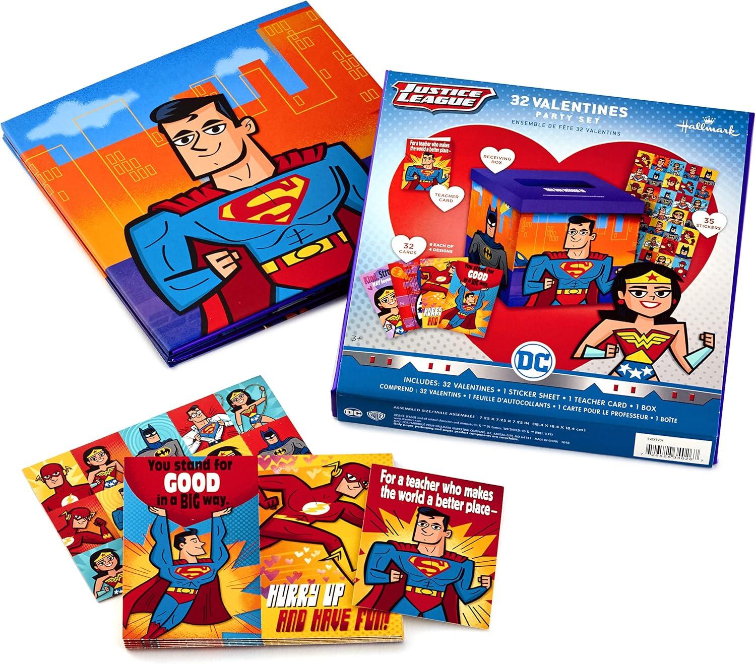 imageHallmark Justice League Valentines Day Cards and Mailbox for Kids School Classroom Exchange 1 Box 32 Valentine Cards 35 Stickers 1 Teacher CardJustice League