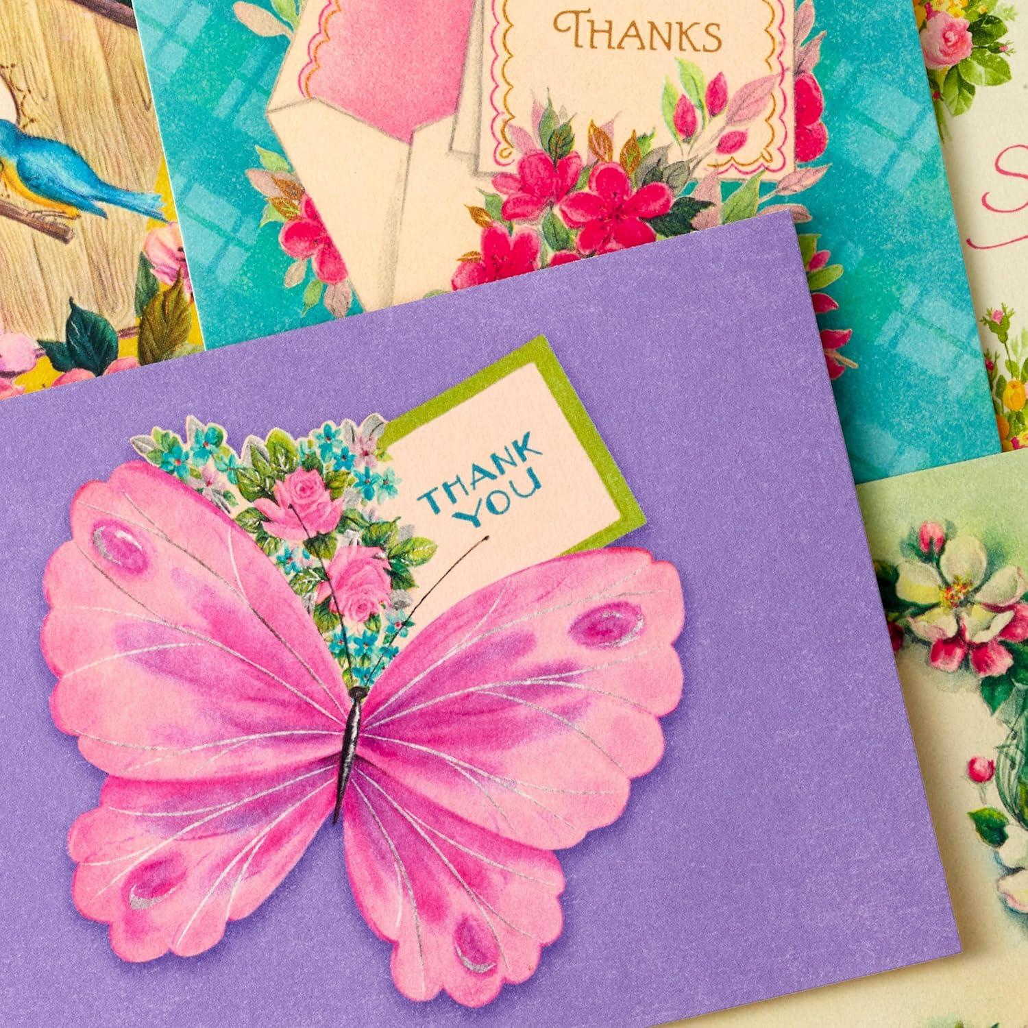 imageHallmark Vintage Thank You Note Assortment 48 Blank Cards with Envelopes Butterfly Flowers Birdhouse