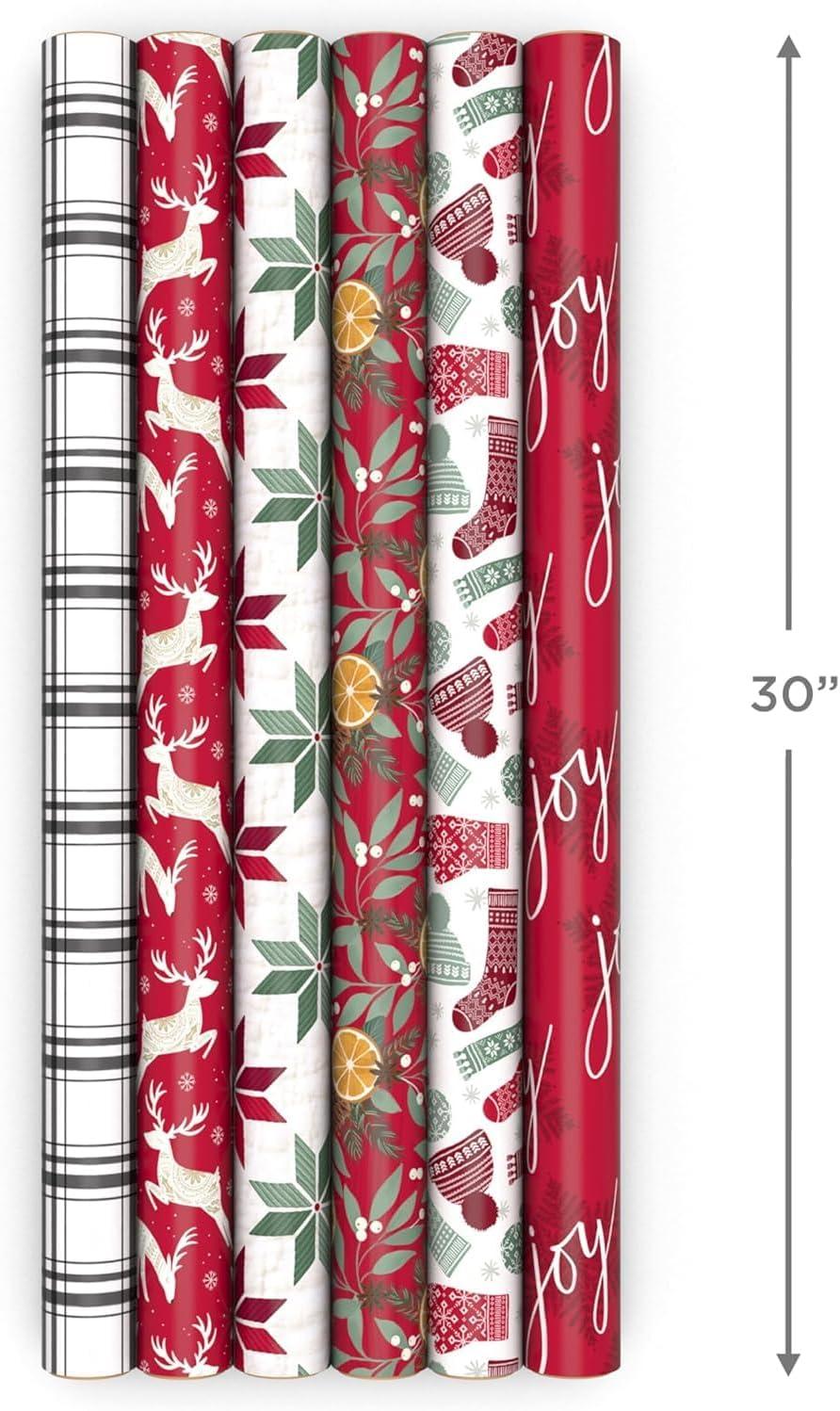 imageScotch Magic Greener Tape and Hallmark Recyclable Christmas Wrapping Paper Rolls 12 Rolls of Tape with Set of 6 Gift Wrap Rolls Red and Green Deer Mittens Citrus Quilt Plaid