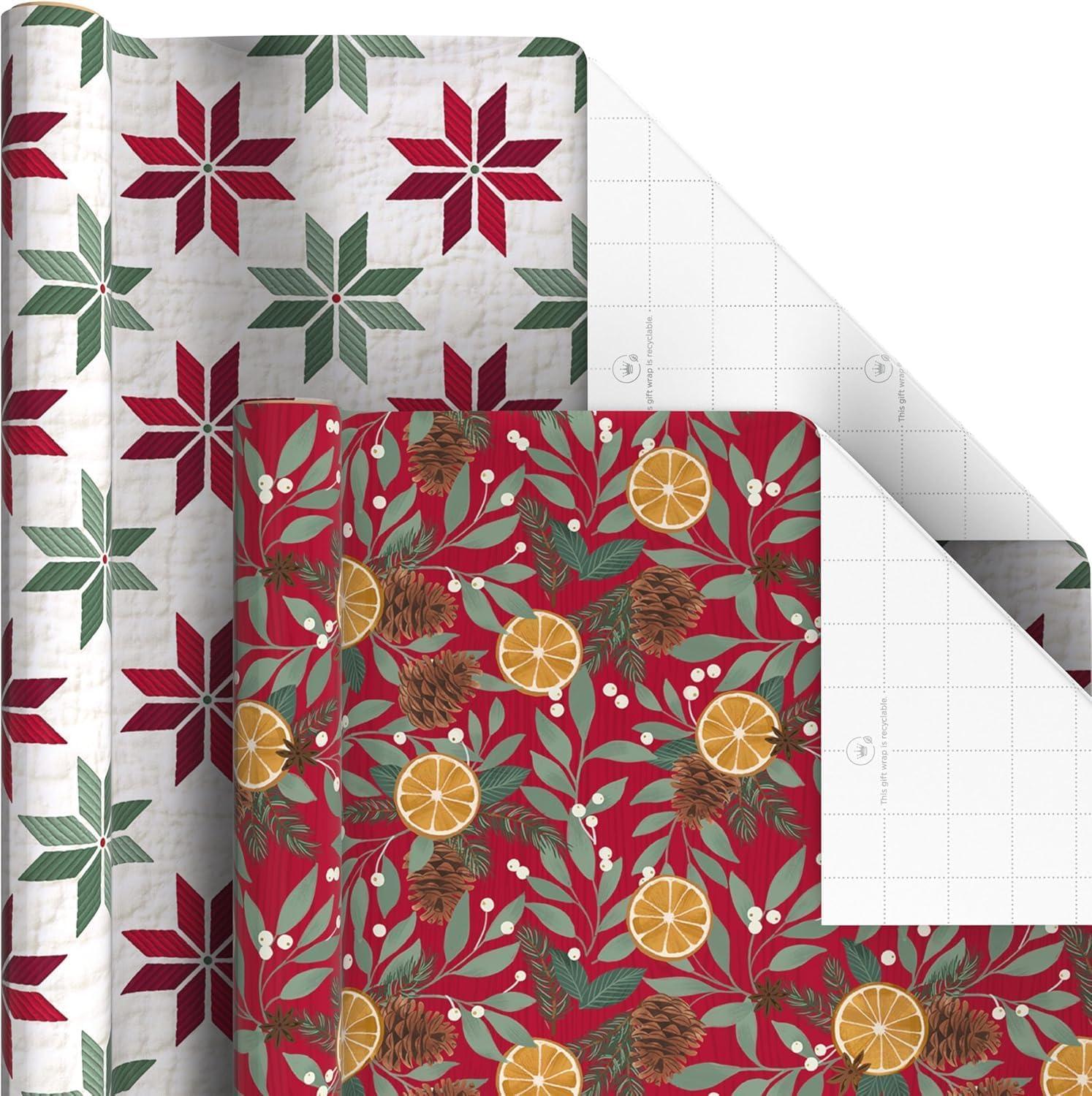 imageScotch Magic Greener Tape and Hallmark Recyclable Christmas Wrapping Paper Rolls 12 Rolls of Tape with Set of 6 Gift Wrap Rolls Red and Green Deer Mittens Citrus Quilt Plaid
