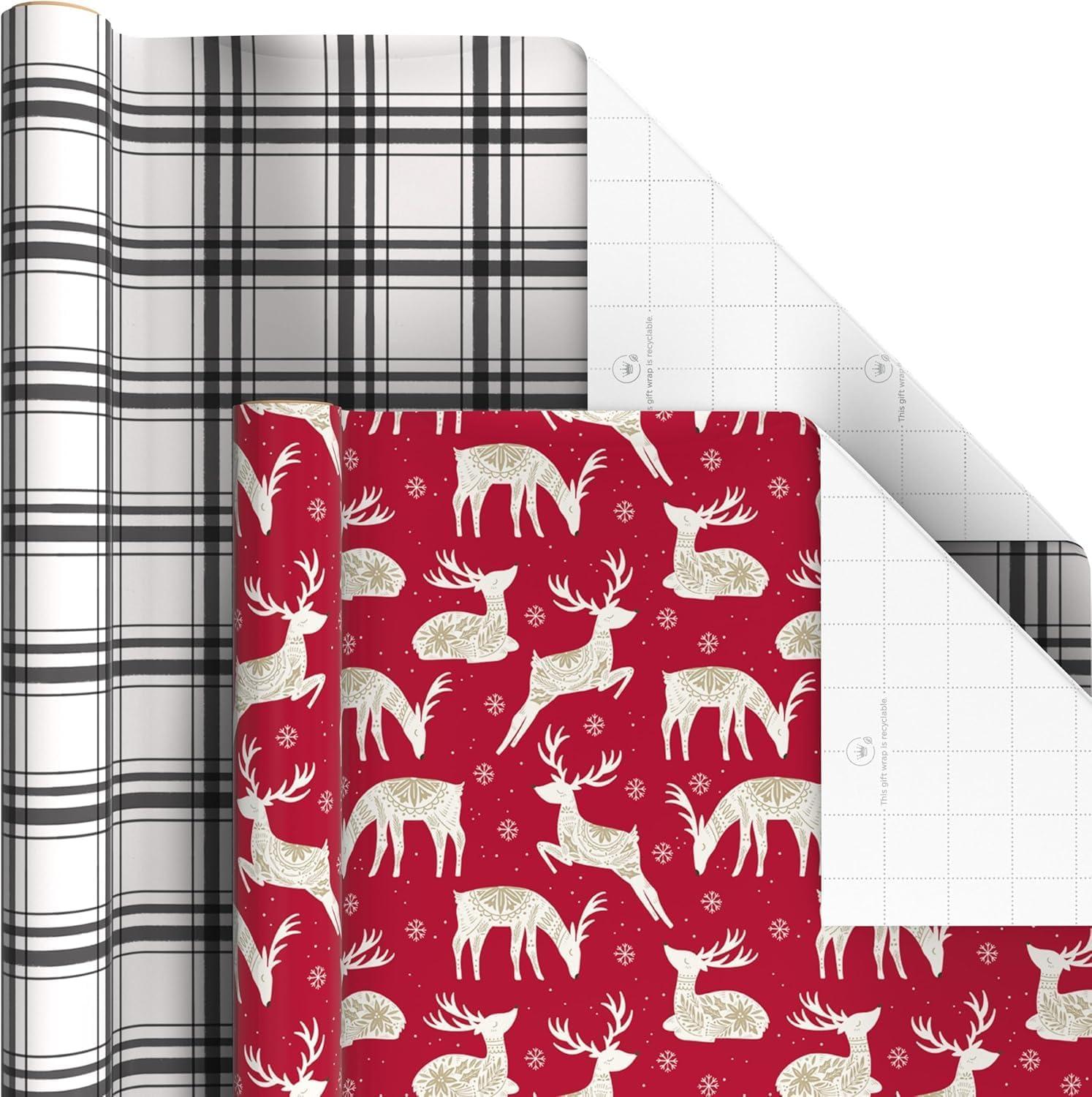 imageScotch Magic Greener Tape and Hallmark Recyclable Christmas Wrapping Paper Rolls 12 Rolls of Tape with Set of 6 Gift Wrap Rolls Red and Green Deer Mittens Citrus Quilt Plaid