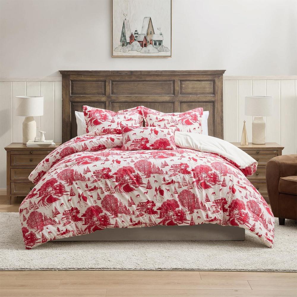 imageHallmark  FullQueen Comforter 4Piece Holiday Comforter Set with Shams and Decorative Pillow Red Toile FullQueenCozy Christmas Red
