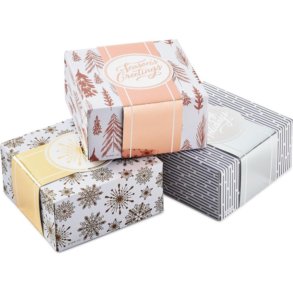 imageHallmark 0005XBC1126 Holiday Set of 3 with Wrap Bands for Christmas Hanukkah Weddings Small Gift Boxes Paper Metallic Rose Gold Silver Trees SnowflakesWhite Silver  Gold  Rose Gold