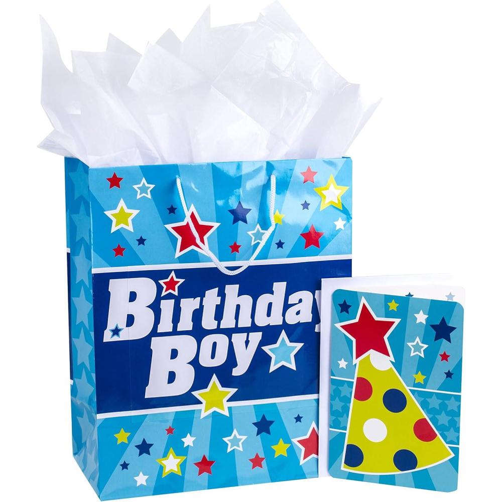 imageHallmark 13quot Large Birthday Gift Bag with Tissue Paper and Birthday Card Rainbow Stripes for Kids Adults CoworkersBirthday Boy