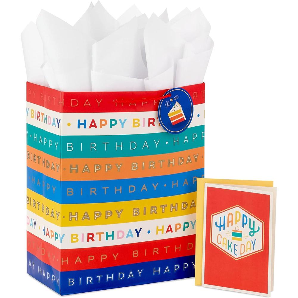 imageHallmark 13quot Large Birthday Gift Bag with Tissue Paper and Birthday Card Rainbow Stripes for Kids Adults CoworkersStriped Birthday