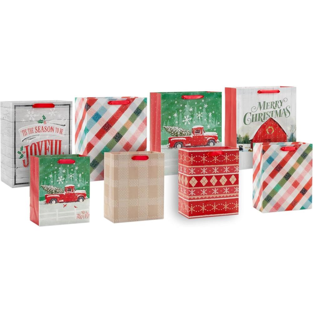 imageHallmark 13quot Large Christmas Gift Bag Assortment with Tissue Paper 3 Bags quotMerry Christmasquot Wreath Gold Joy Snowy Red Barn Red White Gold Foil1 Count Pack of 8