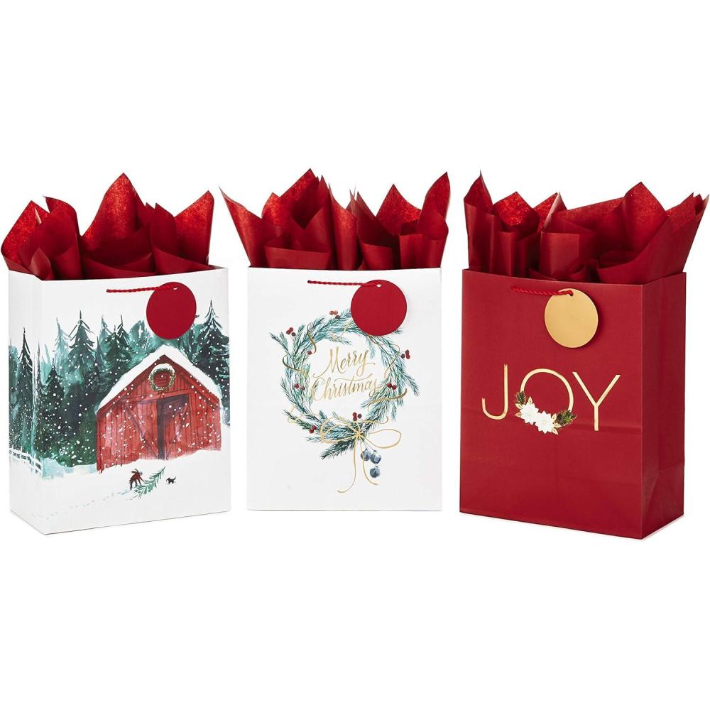 imageHallmark 13quot Large Christmas Gift Bag Assortment with Tissue Paper 3 Bags quotMerry Christmasquot Wreath Gold Joy Snowy Red Barn Red White Gold FoilLarge