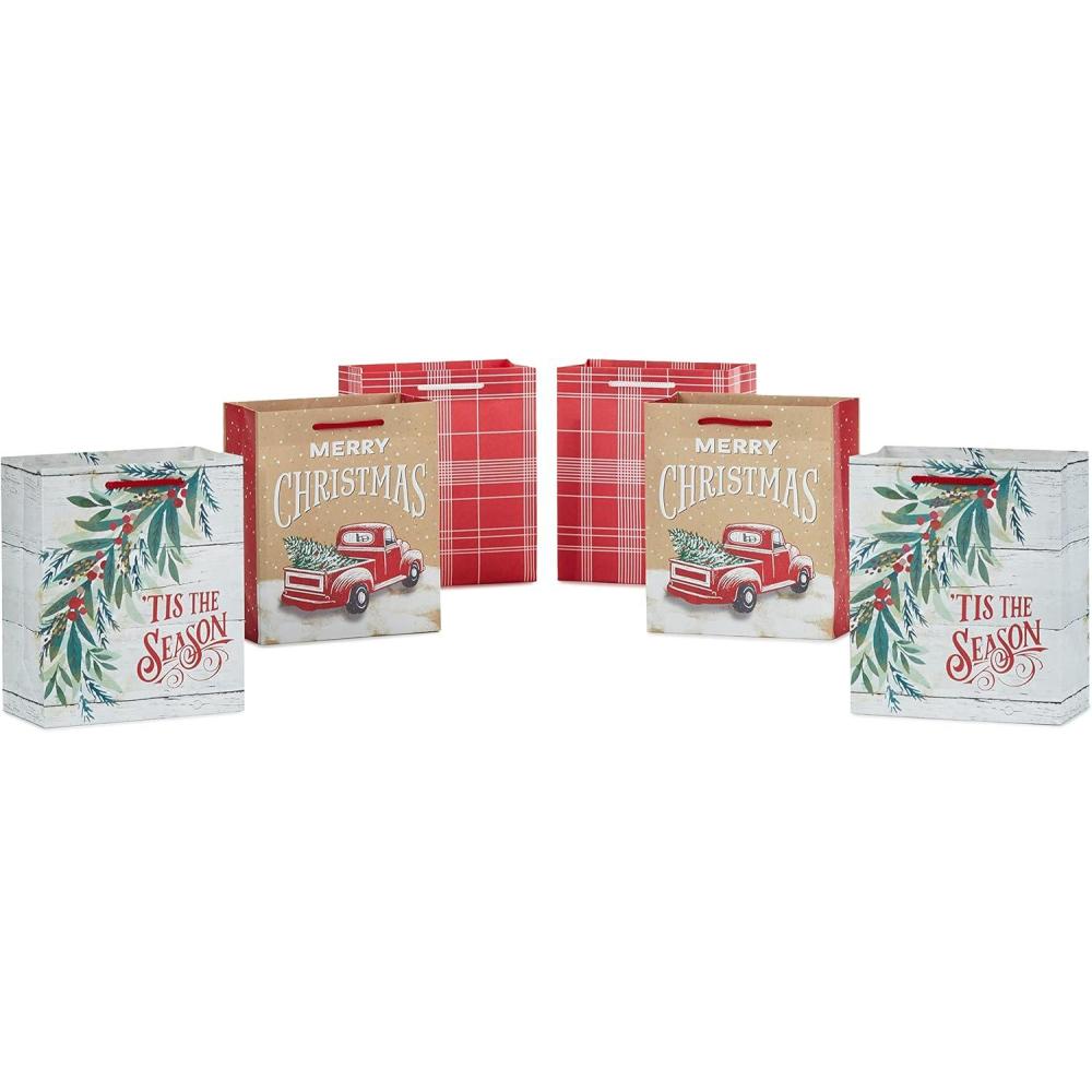 imageHallmark 13quot Large Christmas Gift Bag Assortment with Tissue Paper 3 Bags quotMerry Christmasquot Wreath Gold Joy Snowy Red Barn Red White Gold FoilSmall