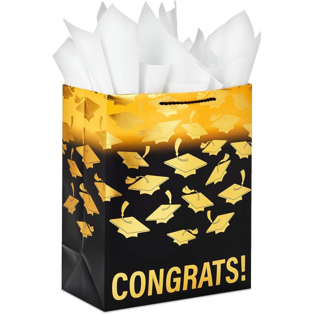 imageHallmark 13quot Large Graduation Gift Bag with Tissue Paper Gold and Black Congrats for High School College Kindergarten 8th Grade and MoreBlack and Gold Congrats