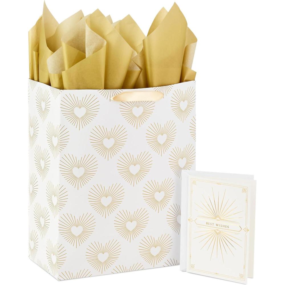 imageHallmark 13quot Large Heart Gift Bag with Wedding Card and Tissue Paper Best Wishes Gold and White Hearts for Weddings Bridal Showers EngagementsGold and White
