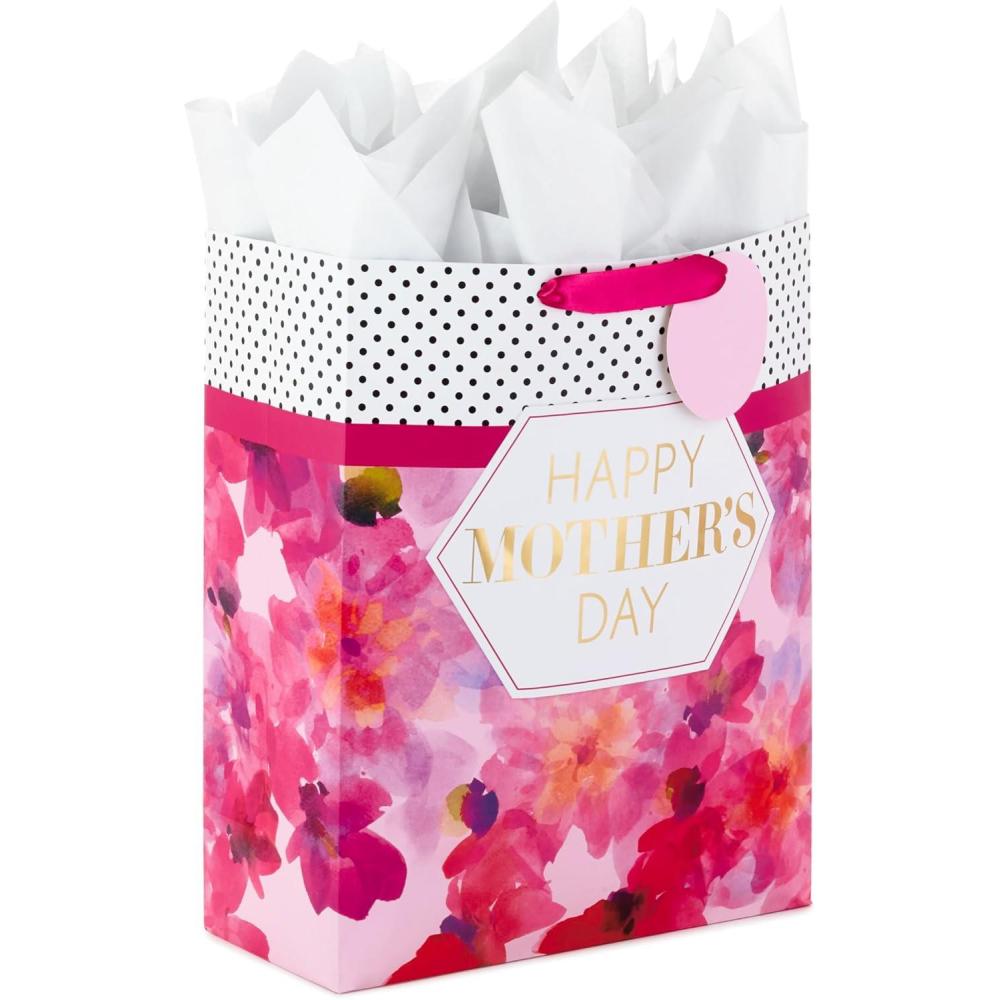 imageHallmark 13quot Large Mothers Day Gift Bag with Tissue Paper Blush Pink and Gold for Mom Grandma Nana Mom SquadFloral with Dots