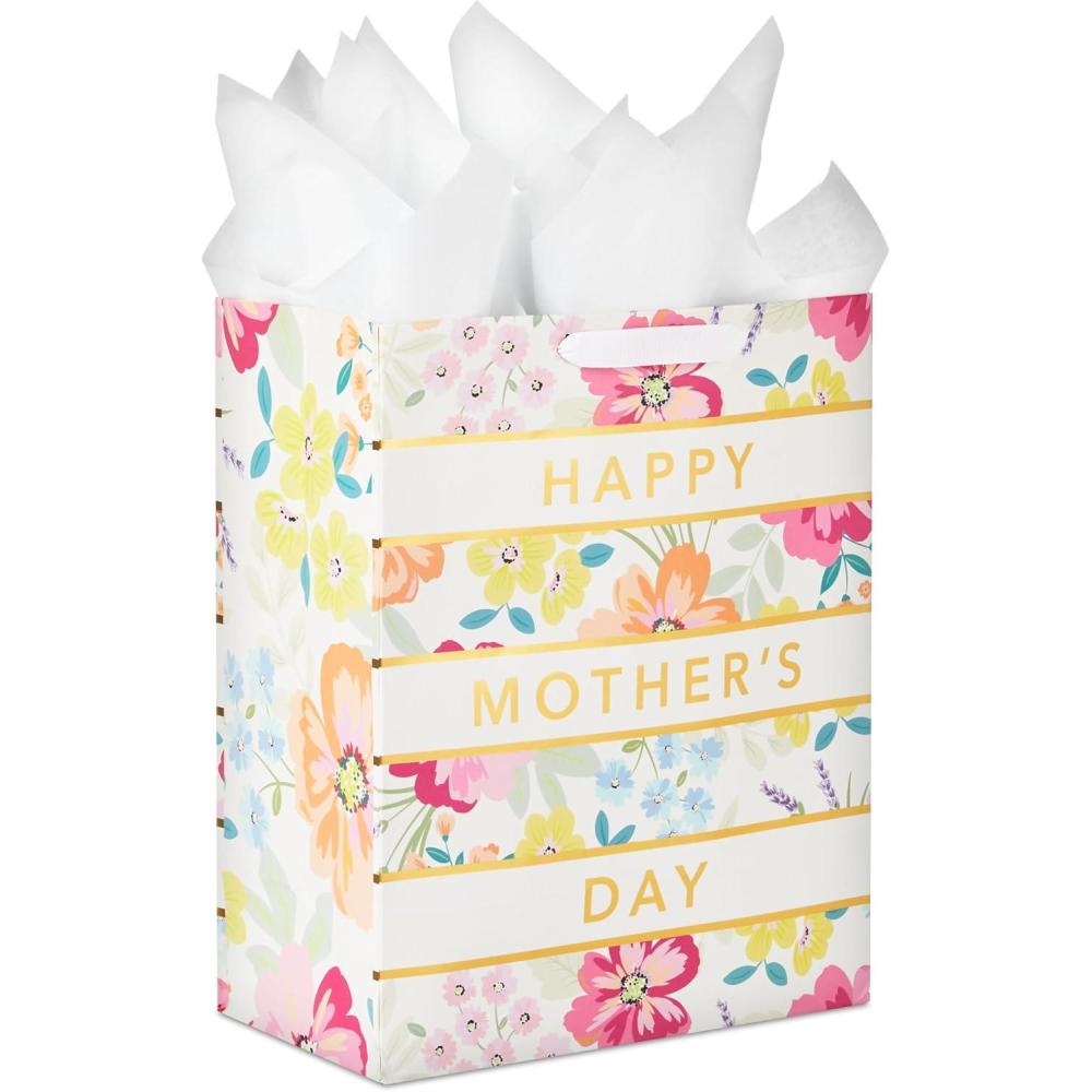 imageHallmark 13quot Large Mothers Day Gift Bag with Tissue Paper Purple Black and White Stripes Butterfly BouquetGold  Stripe