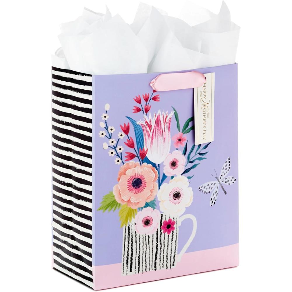 imageHallmark 13quot Large Mothers Day Gift Bag with Tissue Paper Purple Black and White Stripes Butterfly BouquetPurple Black