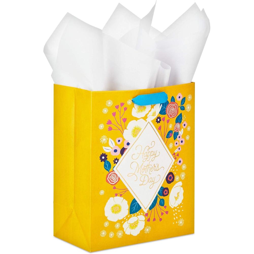 imageHallmark 13quot Large Mothers Day Gift Bag with Tissue Paper Purple Black and White Stripes Butterfly BouquetYellow  Gold
