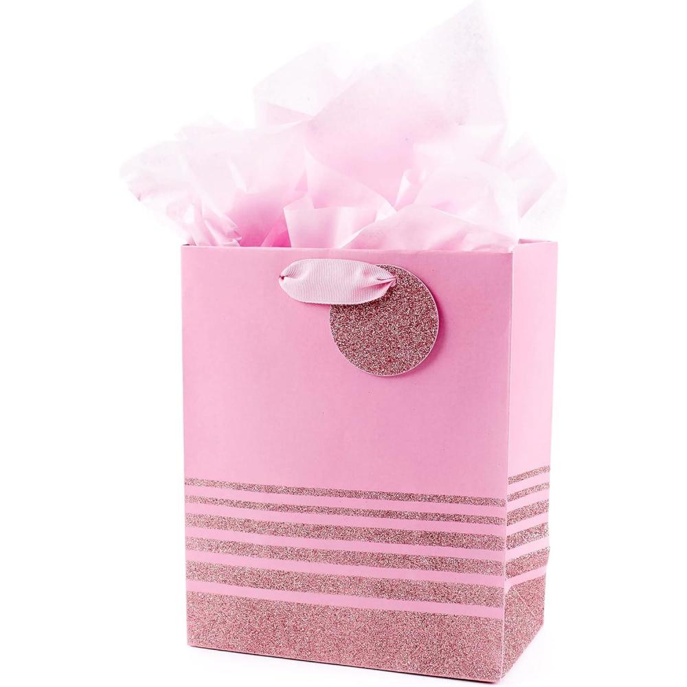 imageHallmark 13quot Large Mothers Day Gift Bag with Tissue Paper and Card Love You Mom Lavender Modern FlowersPink Glitter Stripes