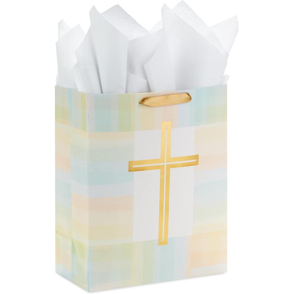 imageHallmark 13quot Large Religious Gift Bag with Tissue Paper Gold Cross Green Yellow for Easter First Communion Confirmation Weddings Clergy Day1 Count Pack of 1