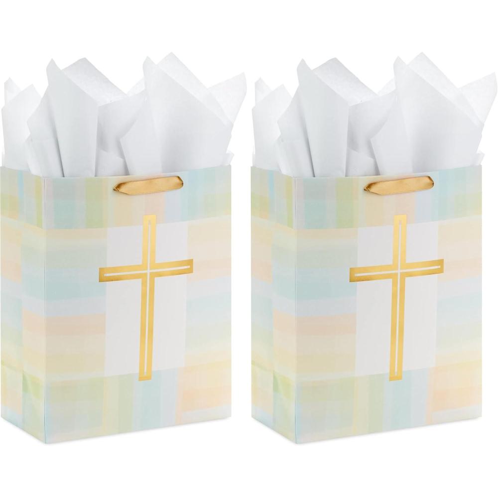 imageHallmark 13quot Large Religious Gift Bag with Tissue Paper Gold Cross Green Yellow for Easter First Communion Confirmation Weddings Clergy Day1 Count Pack of 2