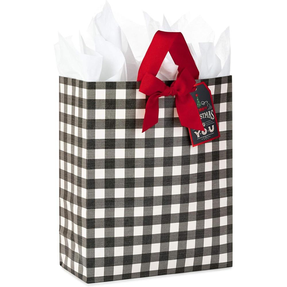 imageHallmark 15quot Extra Large Christmas Gift Bag with Tissue Paper Black Buffalo Plaid with Red BowBlack Buffalo Plaid