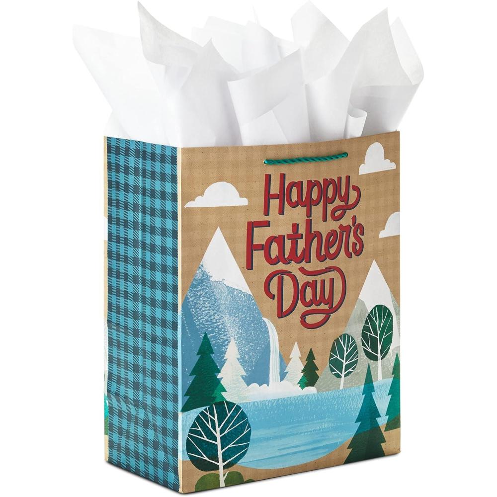 imageHallmark 17quot Extra Large Fathers Day Gift Bag with Tissue Paper Orange Yellow Blue Plaid for Dads Grandpas UnclesWoodsy Outdoors