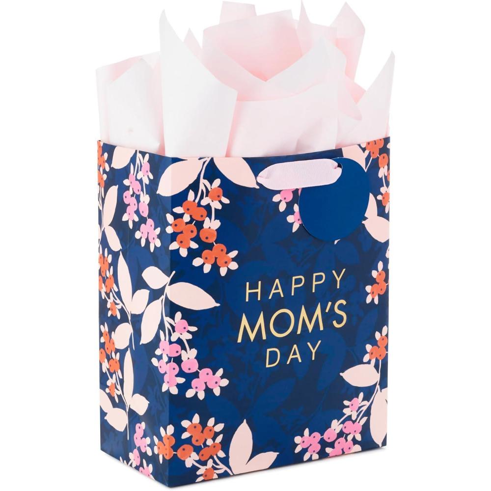 imageHallmark 17quot Extra Large Mothers Day Gift Bag with Tissue Paper Red Roses Green Foliage Bright Blue for Mom Grandma Nana New MotherNavy Floral