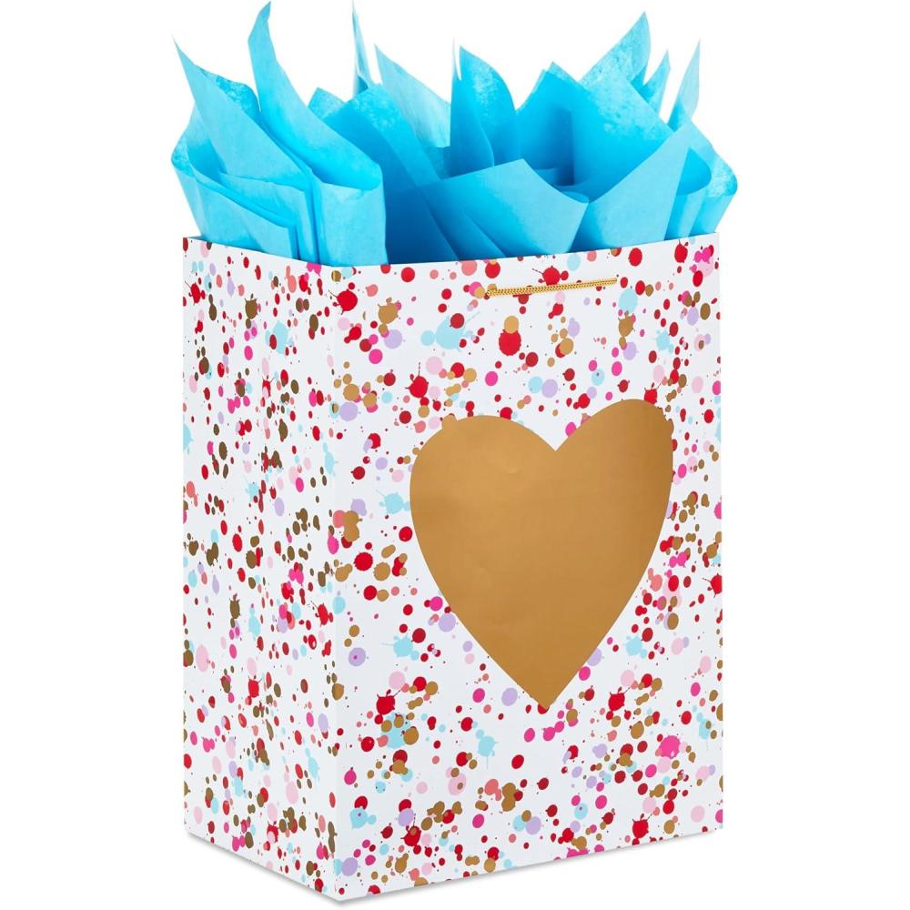 imageHallmark 17quot Extra Large Valentines Day Gift Bag with Blue Tissue Paper Gold Heart Paint SplattersGold Heart on White