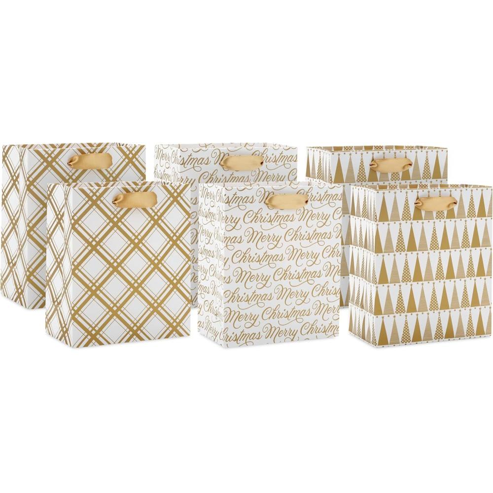 imageHallmark 6quot Small Holiday Gift Bag Bundle 6 Bags Ivory and Gold Trees Plaid Merry ChristmasIvory and Gold