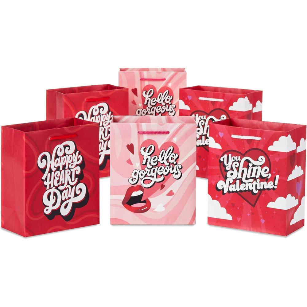 imageHallmark 8quot Medium Valentines Day Gift Bags with Tissue Paper 3 Bags Red with Black Pink White Stripes and HeartsHappy Heart Day Hello Gorgeous You Shine
