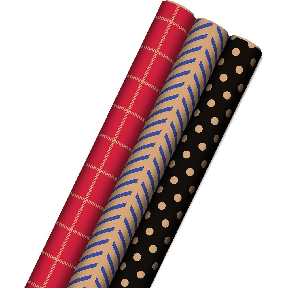 imageHallmark All Occasion Reversible Wrapping Paper  Gold ampamp Kraft Stripes Triangles Chevron Polka DotsKraft Red  Blue  and Black