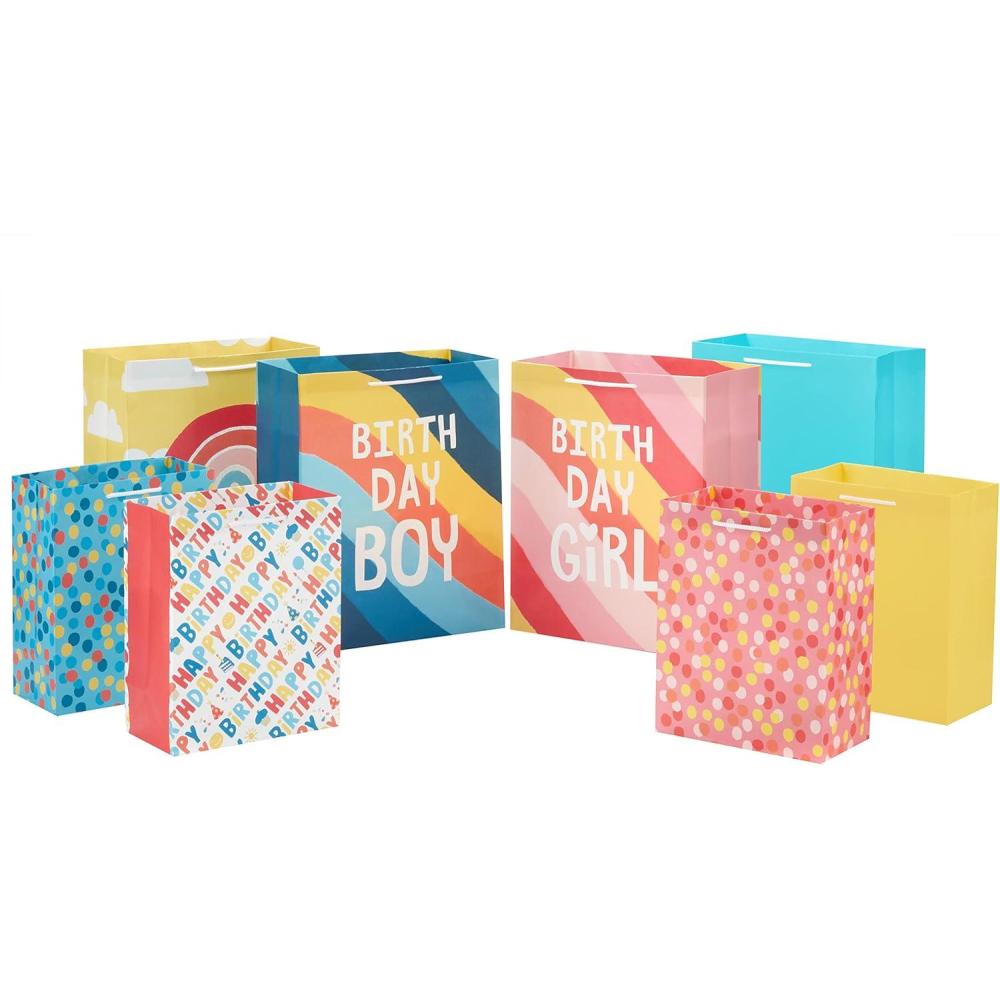 imageHallmark Assorted Birthday Gift Bags for Kids 8 Bags 4 Medium 9quot 4 Large 13quot Rainbow Stripes Polka Dots Yellow Pink BlueRainbow  Stripes  Polka Dots  Yellow  Pink  Blue