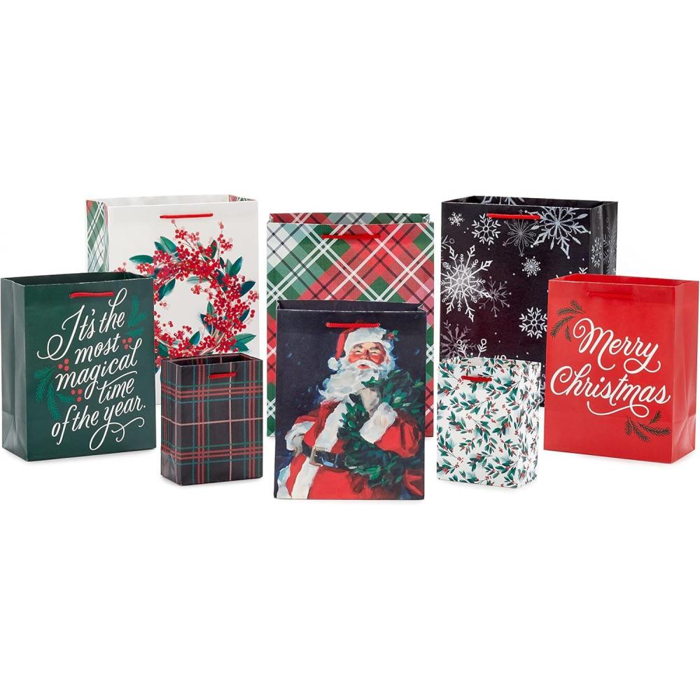 imageHallmark Assorted Christmas Gift Bag Bundle 8 Bags 2 Small 5quot 3 Medium 8quot 3 Large 11quot Classic Santa Black and Red Plaid Snowflakes Holly