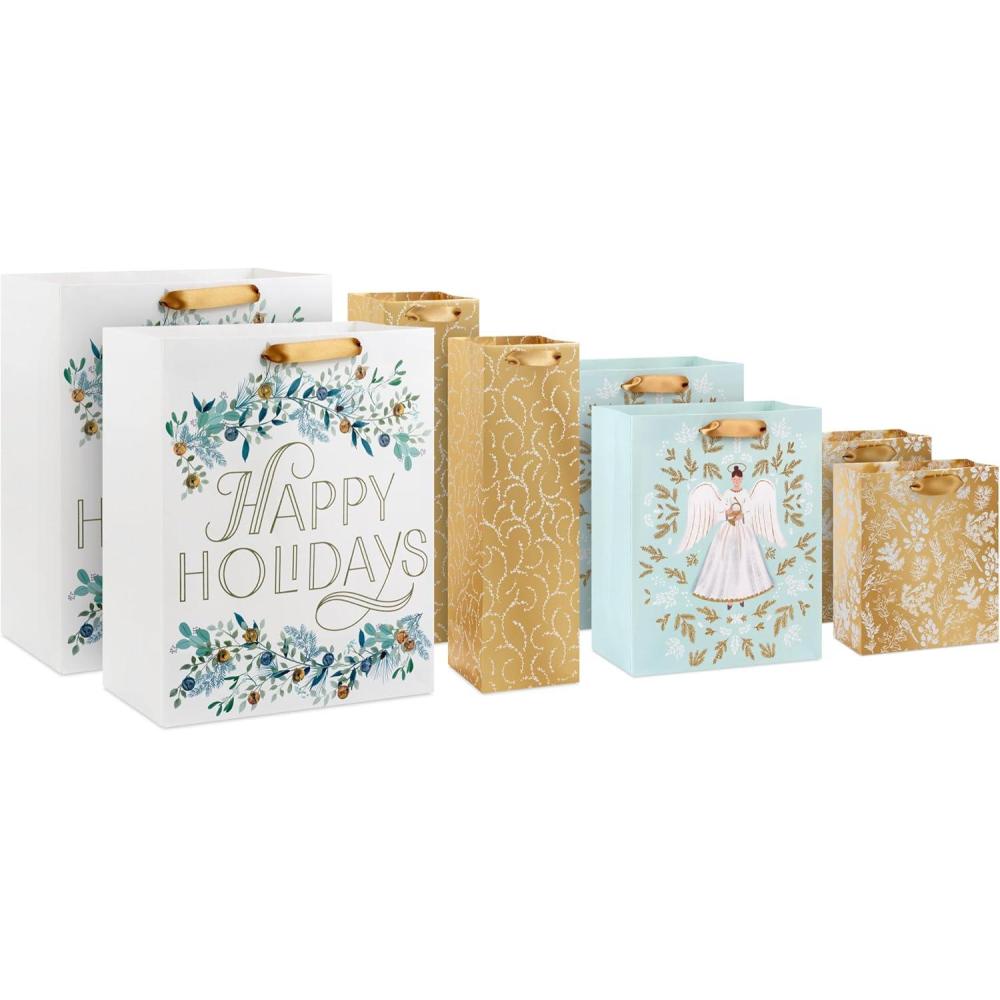 imageHallmark Assorted Glittery Gold Christmas Gift Bags 8 Bags 2 Small 6quot 2 Medium 9quot 2 Large 13quot 2 Bottle 13quot Angels Mint Green Leaves Happy HolidaysAngels  Mint Green  Leaves  Happy Holidays