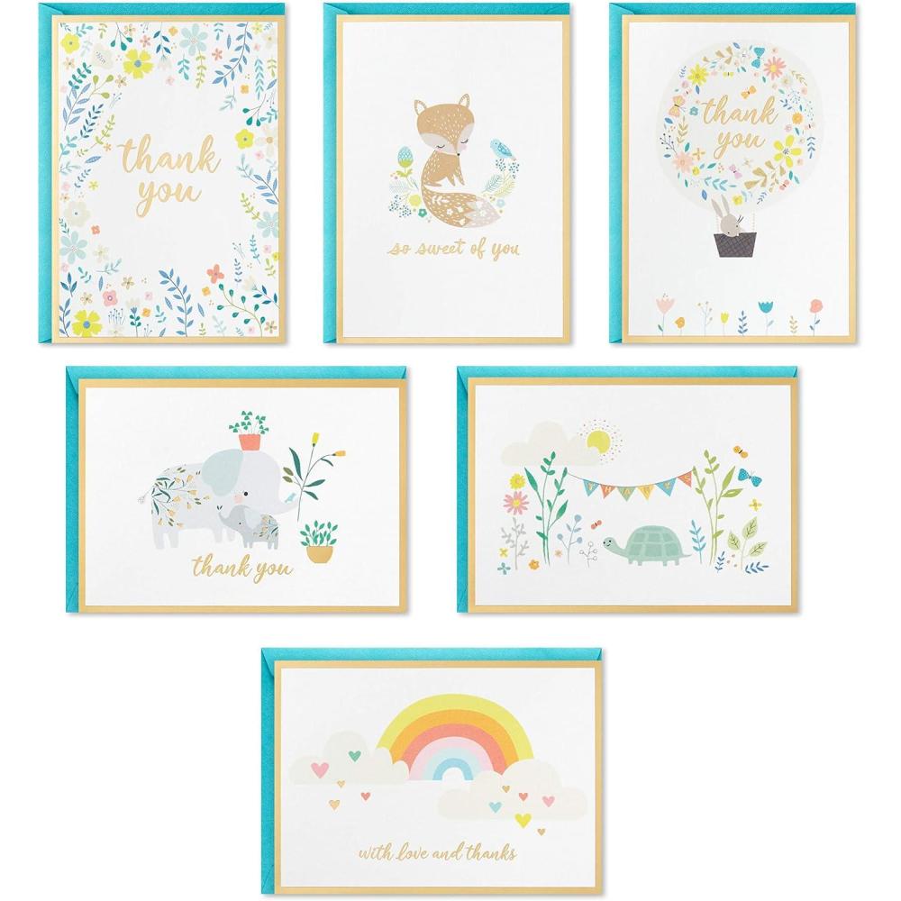 imageHallmark Baby Shower Thank You Cards Assortment Animals and Flowers 24 Cards with Envelopes for Baby Boy or Baby Girl Elephant Fox Rabbit