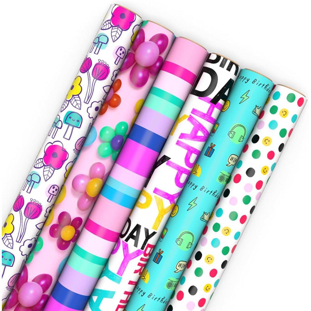 imageHallmark Birthday Wrapping Paper Rolls  Flowers Stripes Pink Teal and Black Polka Dots Gift Wrap Paper Set of 6 Rolls 180 sq ft ttlStripes  Polka Dots  Flowers  Smiley Face