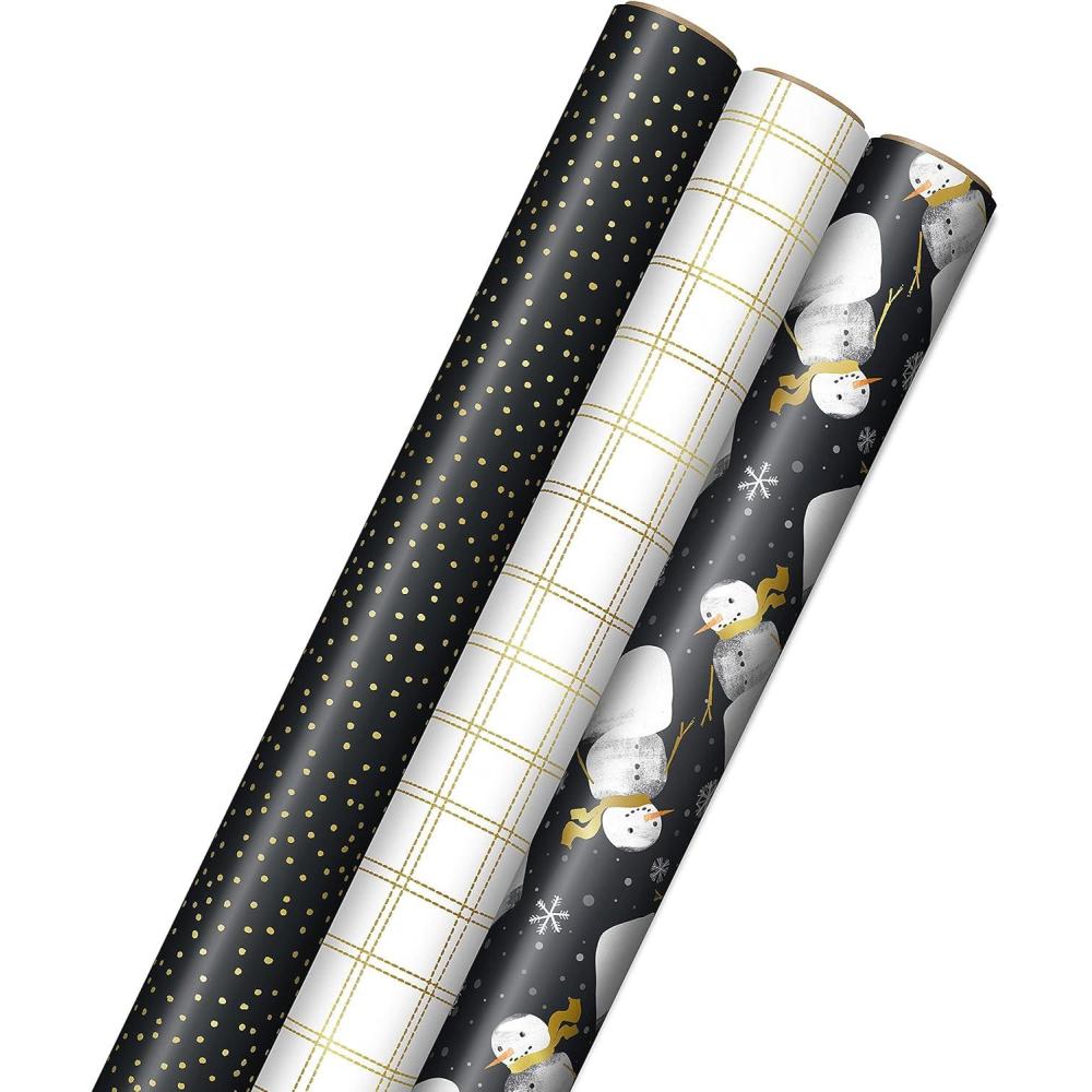 imageHallmark Black Christmas Wrapping Paper with Cut Lines on Reverse 3 Rolls 120 sq ft ttl Retro Santa Black and White Buffalo Plaid Train and Trees 0005JXW1077Charcoal Black  Snowmen  Gold Plaid  Gray Dots