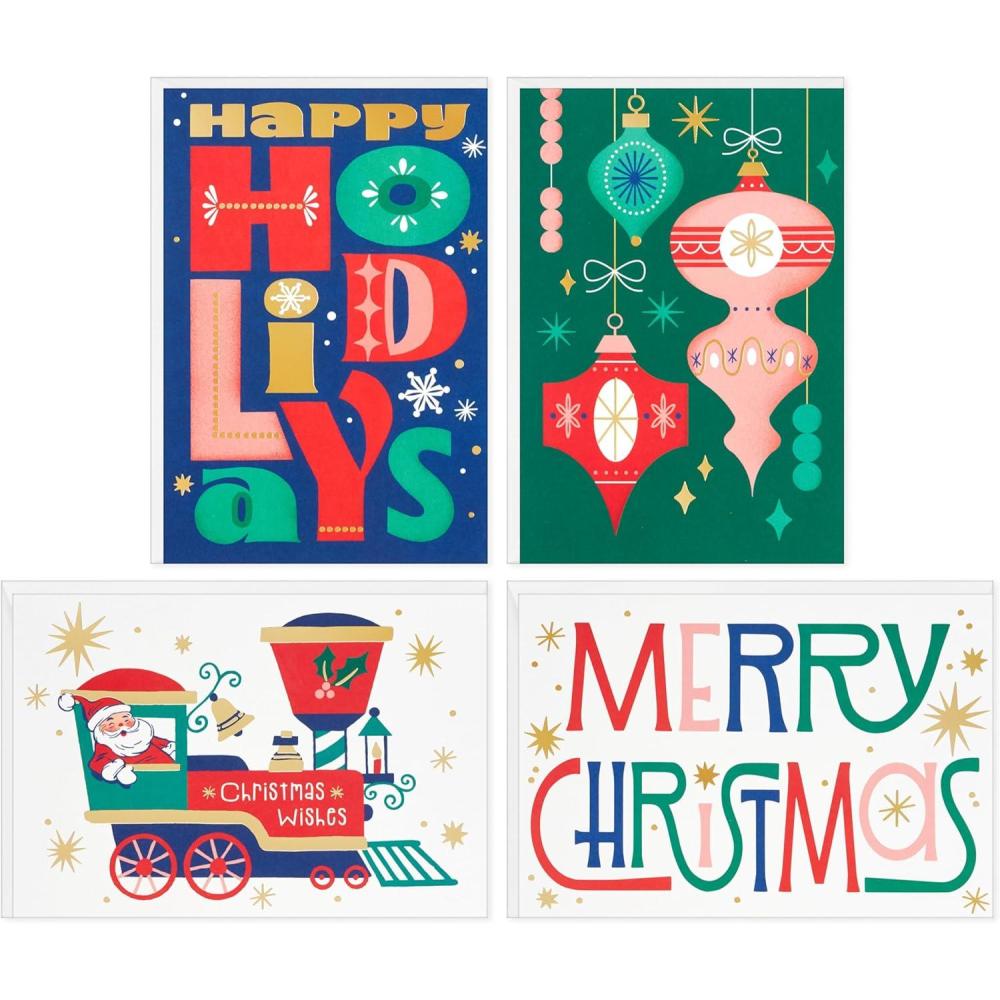 imageHallmark Bulk Retro Christmas Card Assortment 40 Cards and 40 Envelopes Pink and Green Ornaments Mod Lettering Vintage Santa ClausRetro Christmas