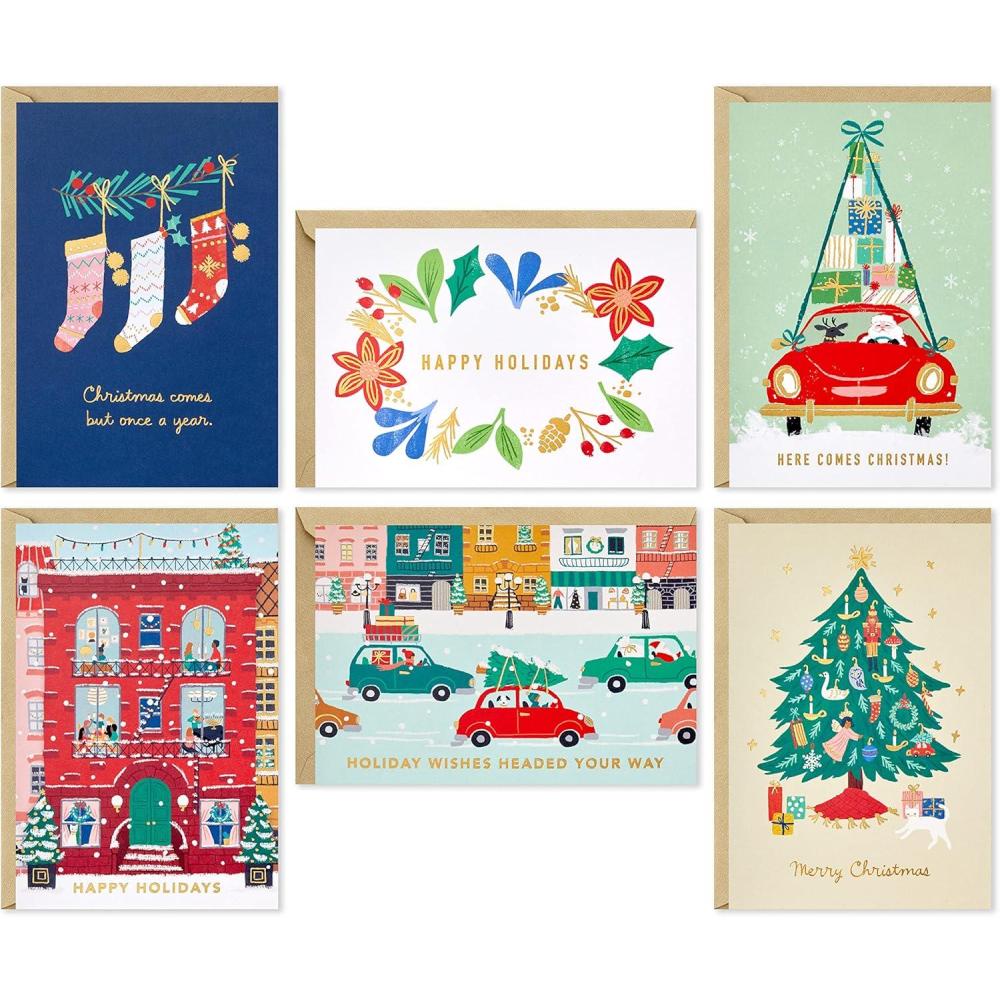 imageHallmark Bulk Retro Christmas Card Assortment 40 Cards and 40 Envelopes Pink and Green Ornaments Mod Lettering Vintage Santa ClausVintage Holidays