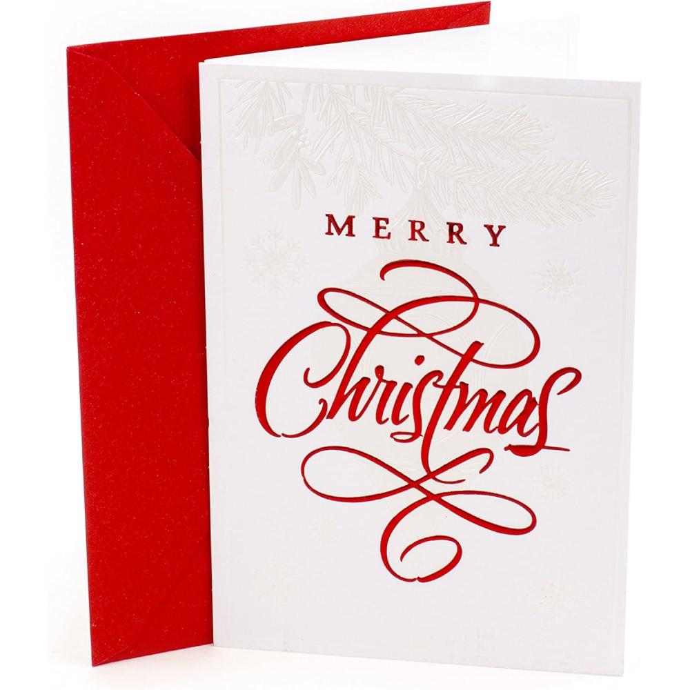 imageHallmark Christmas Card Thinking of You SnowflakesRed Script Merry Christmas
