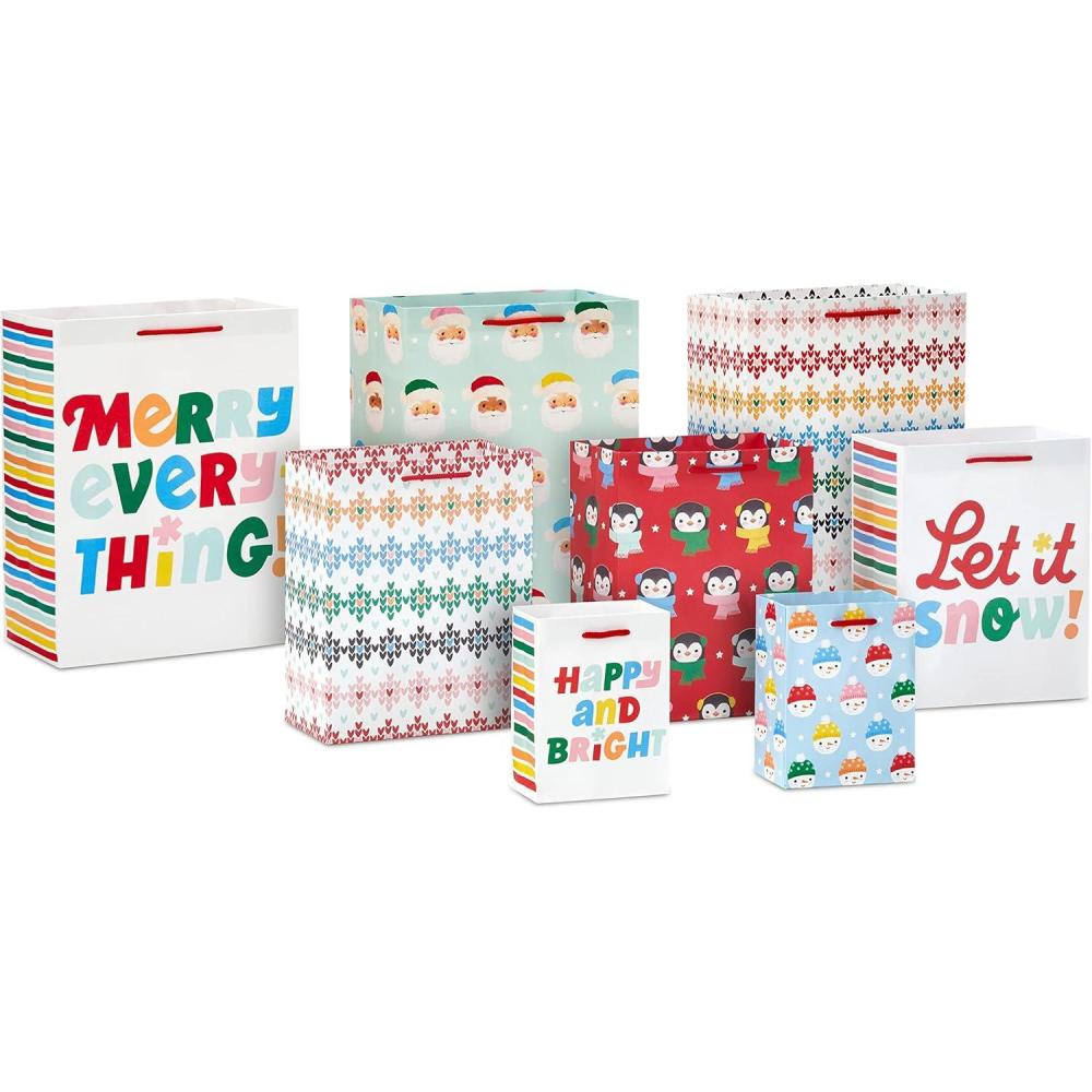 imageHallmark Christmas Gift Bag Assortment 8 Bags 2 Small 5quot 3 Medium 8quot 3 Large 11quot Pink Mint Green Red Blue Yellow quotMerry Everythingquot quotLet It Snowquot quotHappy Brightquot Penguins Snowmen Santa