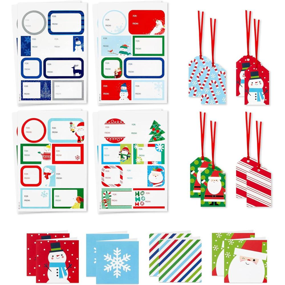 imageHallmark Christmas Gift Tags with Ribbon Sticker Seals and Mini Notecards Santa Snowman Stripes Red Green Blue for Gift Bags and Wrapped Presents