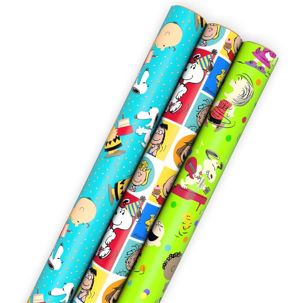 imageHallmark Christmas Peanuts Wrapping Paper with Cut Lines on Reverse Pack of 3 105 sq ft ttl Snoopy Charlie Brown Woodstock 5JXW1036All Occasion Wrapping Paper