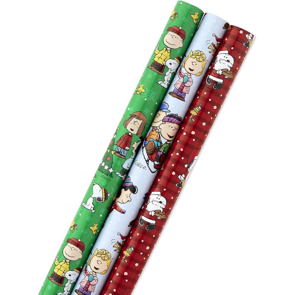 imageHallmark Christmas Peanuts Wrapping Paper with Cut Lines on Reverse Pack of 3 105 sq ft ttl Snoopy Charlie Brown Woodstock 5JXW1036Christmas Wrapping Paper