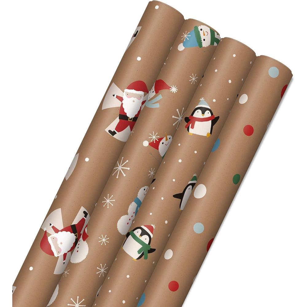 imageHallmark Christmas Wrapping Paper Bundle with Cut Lines on Reverse Kraft Pack of 4 88 sq ft ttl Red Trucks Snowflakes Stripes Merry Christmas 5JXW1038Penguins  Santa  Snowmen  Polka Dots