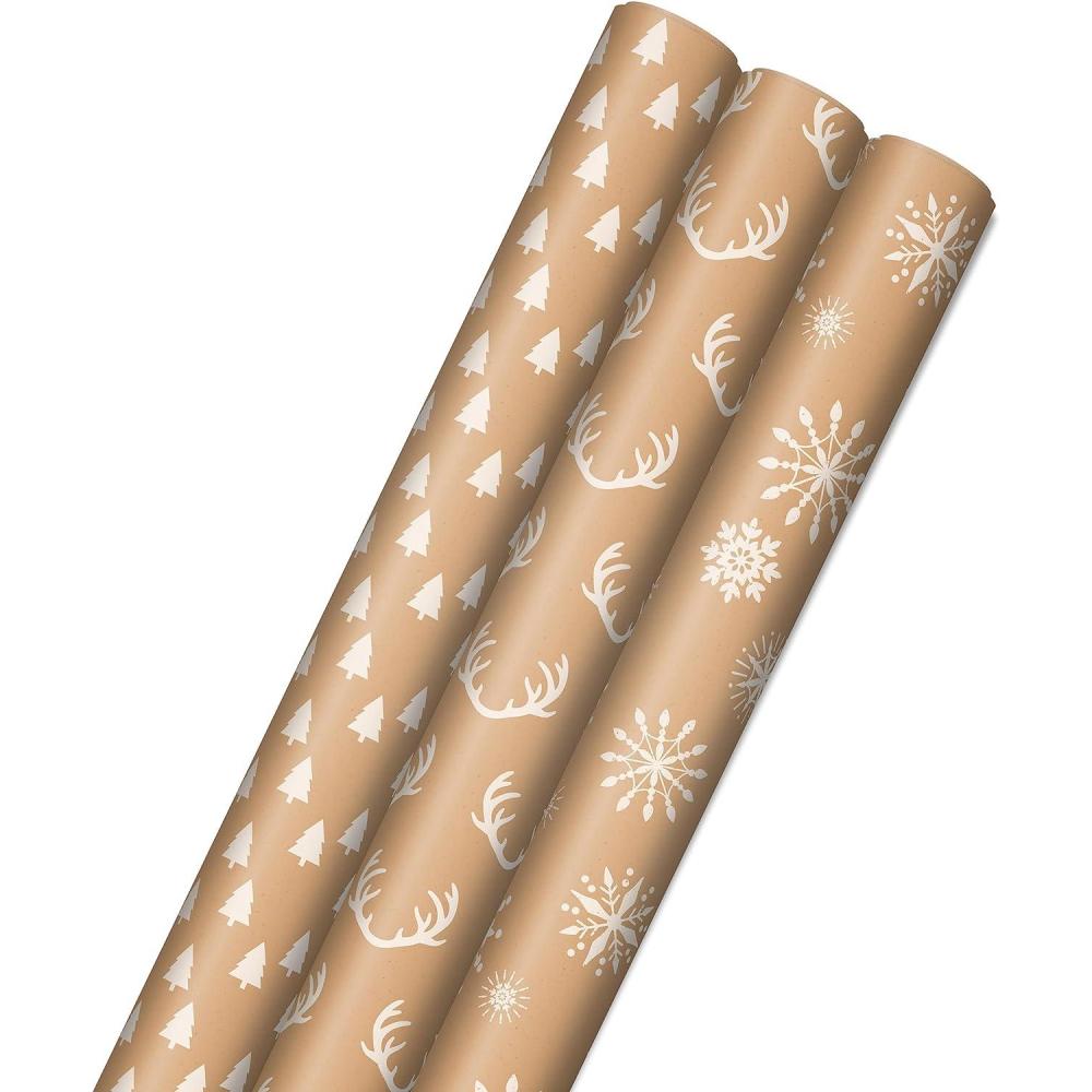 imageHallmark Christmas Wrapping Paper Rolls  Minimalist Brown Kraft Trees Antlers Snowflakes Gift Wrap Paper 3 Rolls 90 sq ft ttl for Holiday Parties Hanukkah Winter WeddingsTrees  Antlers  Snowflakes