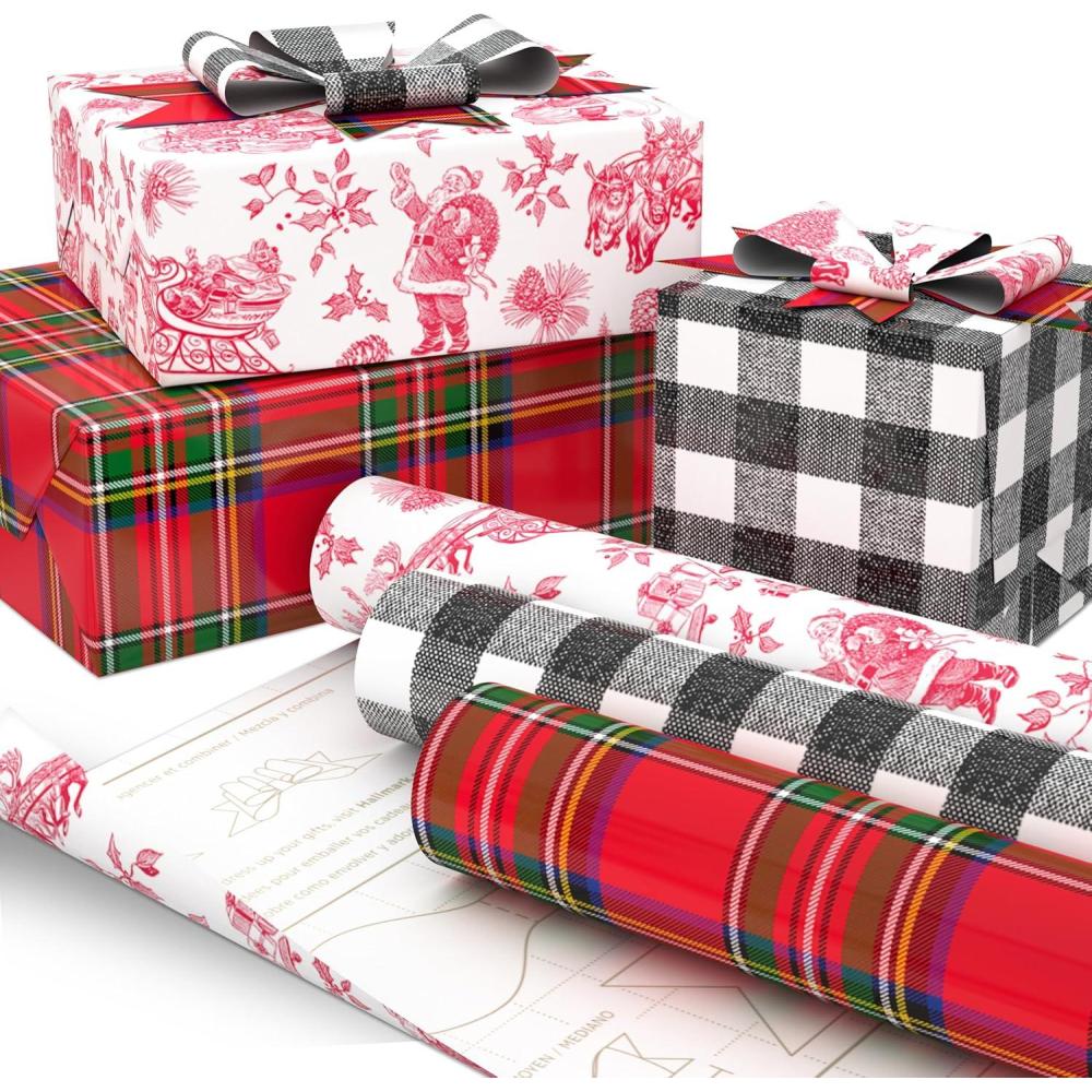 imageHallmark Christmas Wrapping Paper Rolls Holiday Plaid 3Pack 120 Sq Ft Ttl Red Toile Black Buffalo Check Plaid for Christmas Birthdays Weddings CraftsRed Toile  Black Buffalo Check  Plaid