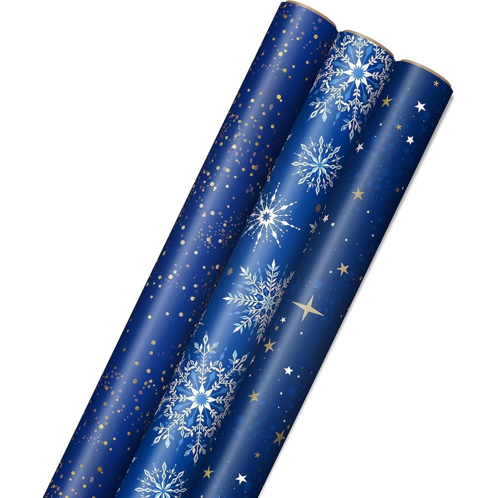 imageHallmark Christmas Wrapping Paper Rolls Metallic Foil Holiday Gift Wrap Pack of 3 60 sq ft ttl Elegant Navy Blue and Gold for Christmas Hanukkah Weddings GraduationsNavy Dots  Snowflakes  Stars