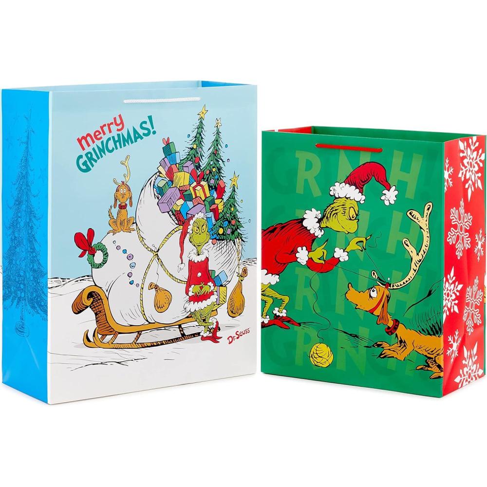 imageHallmark Dr Seuss Grinch Wrapping Paper for Kids 3 Rolls 105 Sq Ft Ttl for Christmas with Blue Tiles White Snowflakes Cindy Lou Who MaxGift Bags