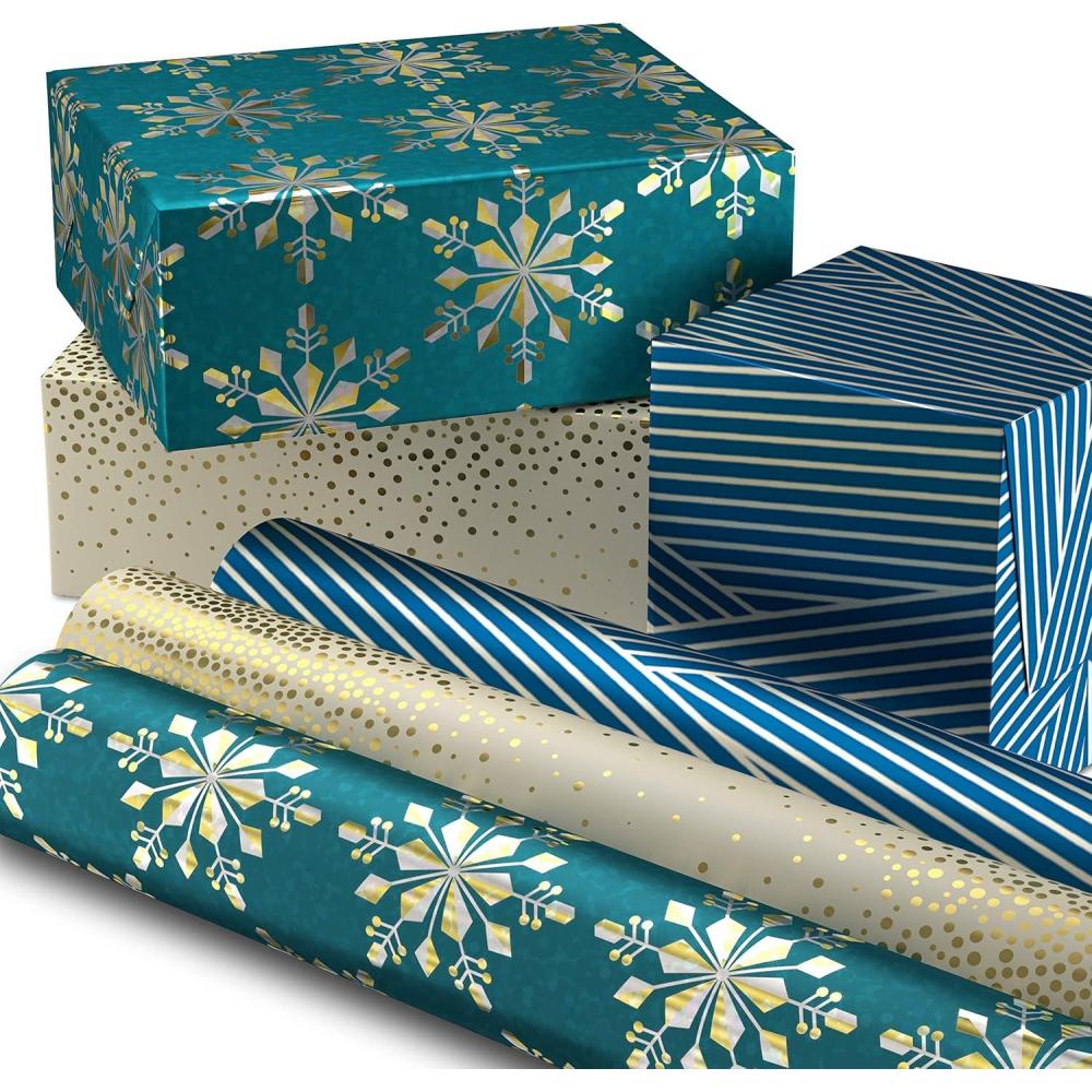 imageHallmark Holographic Holiday Wrapping Paper with Cut Lines on Reverse 3 Rolls 80 sq ft ttl Winter Glow Navy Blue Gold Holographic Snowflakes