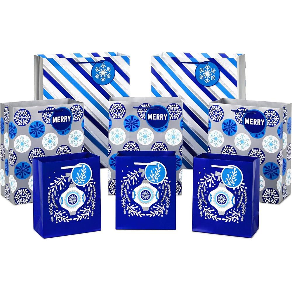 imageHallmark Image Arts Assorted Christmas Gift Bags Bulk  Blue Plaid Snowman Deer Tree Snowflakes 16 Bags 6 Small 5quot 6 Medium 8quot 2 Large 11quot 2 XL 14quot for Holiday Parties Hanukkah WeddingsHoliday Gift Bags