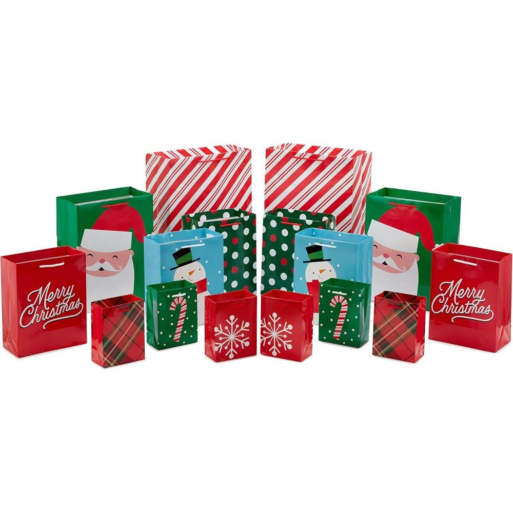 imageHallmark Image Arts Assorted Holiday Gift Bag Bundle 16 Bags 6 Small 5quot 6 Medium 8quot 2 Large 11quot 2 XL 14quot Red and Green Santa Stripes Polka Dots Snowmen Snowflakes